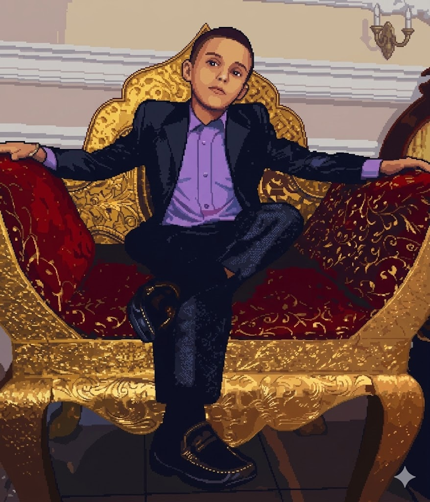 Childhood photo of Gurehmat in pixelated style