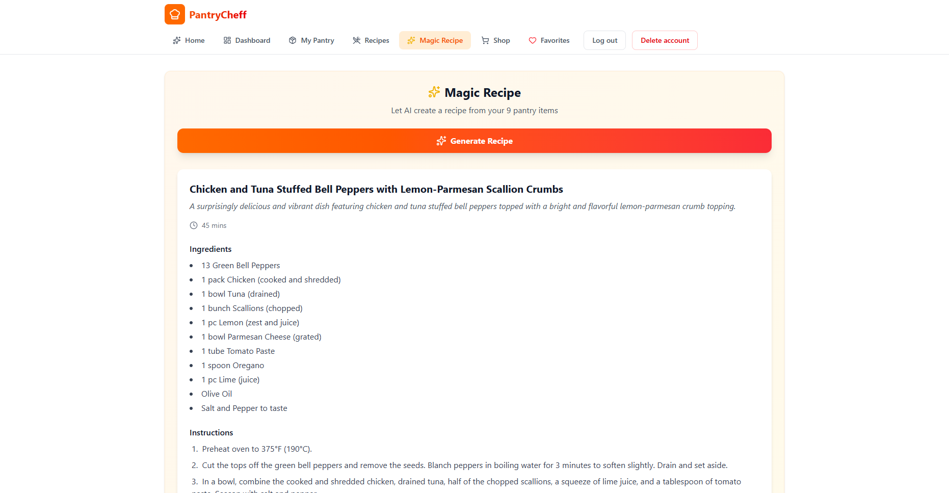 PantryCheff: pantry scan and recipe match interface